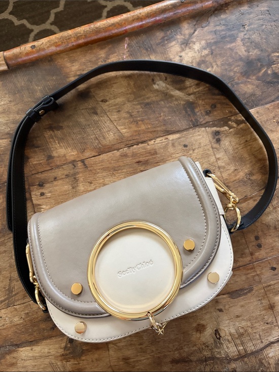 See By Chloe Handbags - See By Chloé Two-Tone Taupe & Cream Saddle Crossbody with Gold Ring